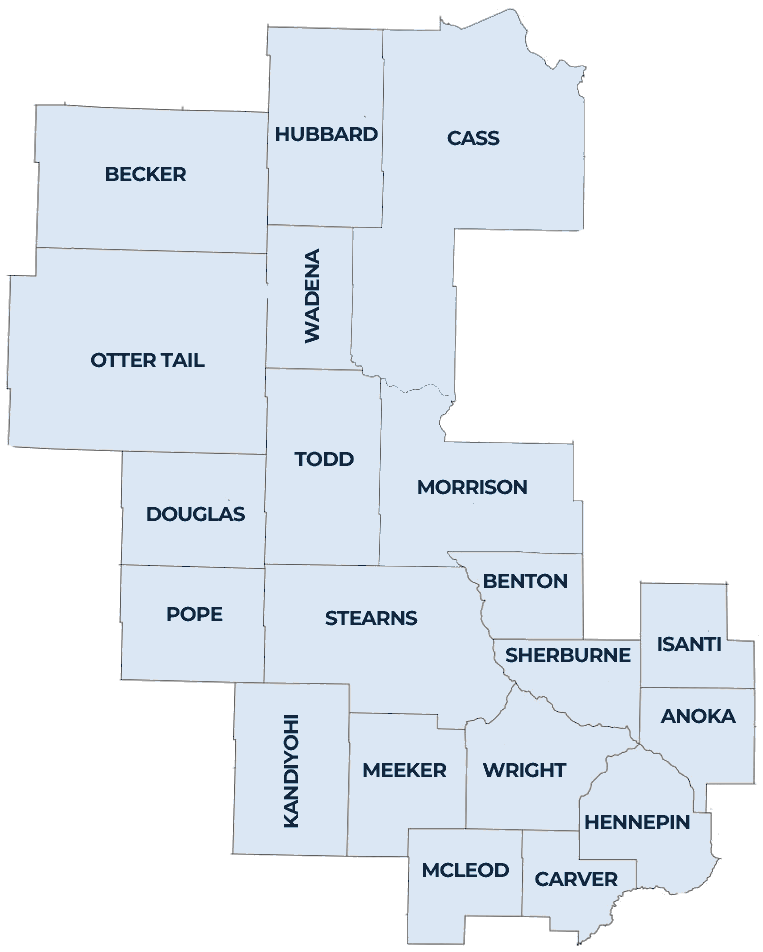 Map of the twenty Central Minnesota counties Unity Mutual serves